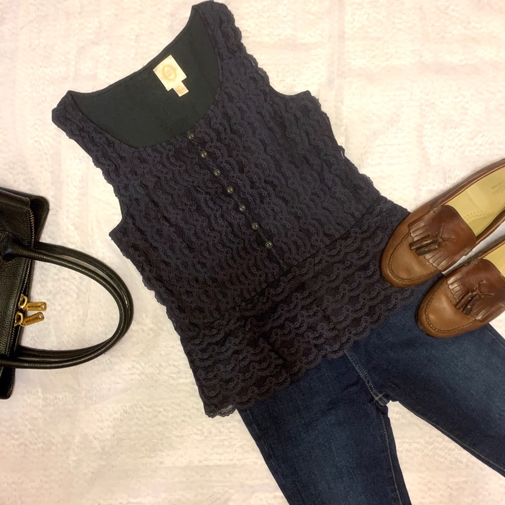 Anthropologie Ric Rac Lace Tank Top Navy Size M